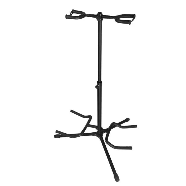 Black vertical double-headed adjustable guitar stand holding two instruments