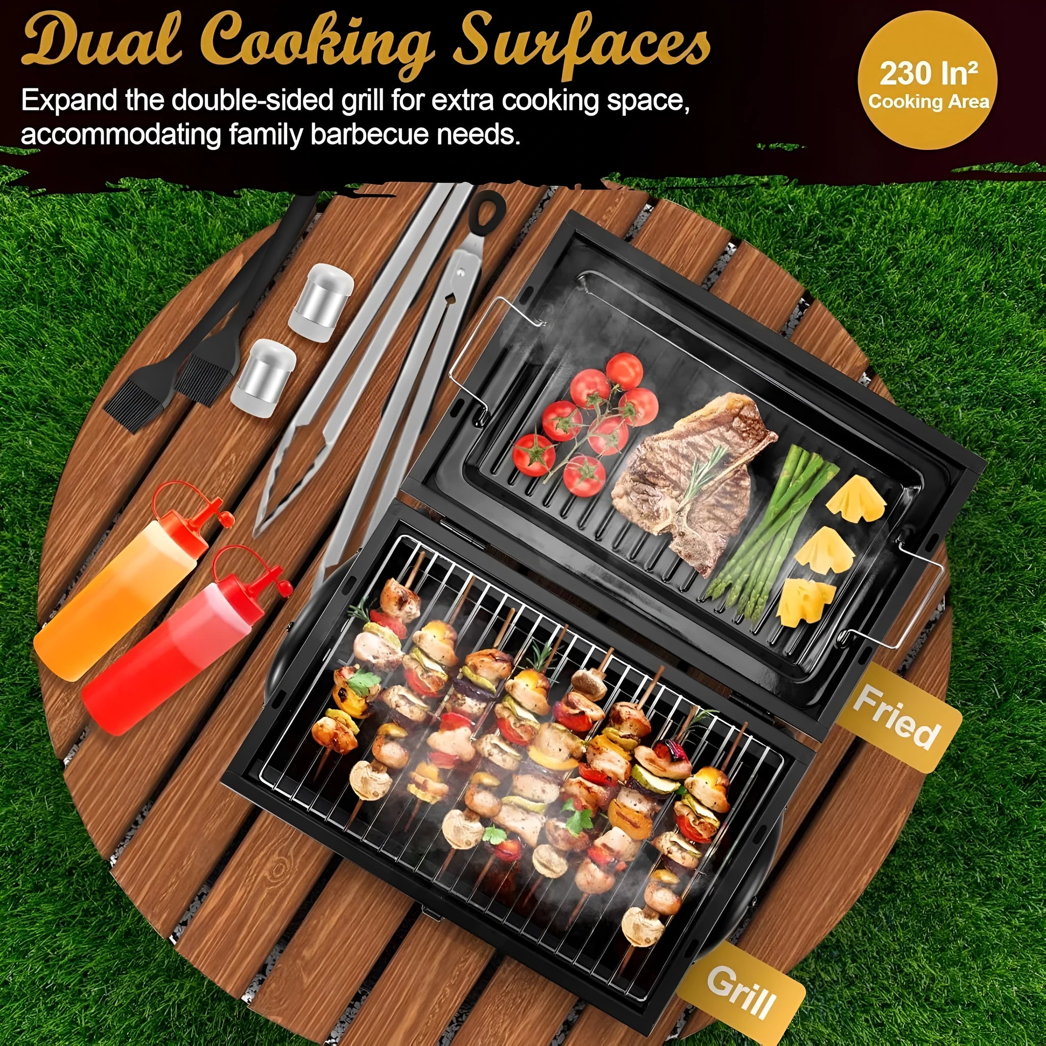 Small folding desktop charcoal barbecue smoking device with grill shown in open cooking position