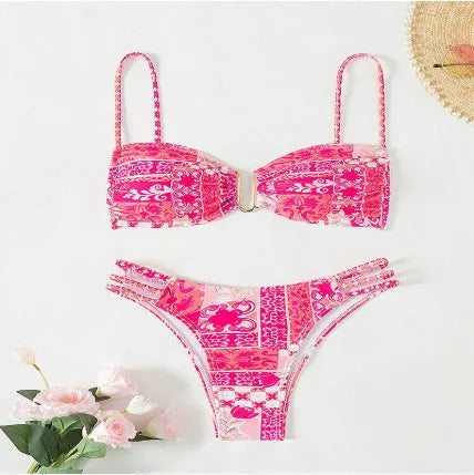 Women's floral print bikini swimsuit with high-waisted briefs in orange, blue, and rose red colours