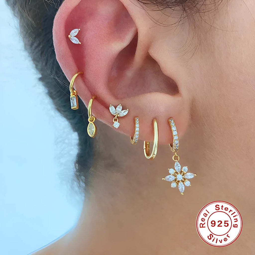 S925 sterling silver diamond snowflake pendant earrings with geometric design in yellow or white gold colour finishes