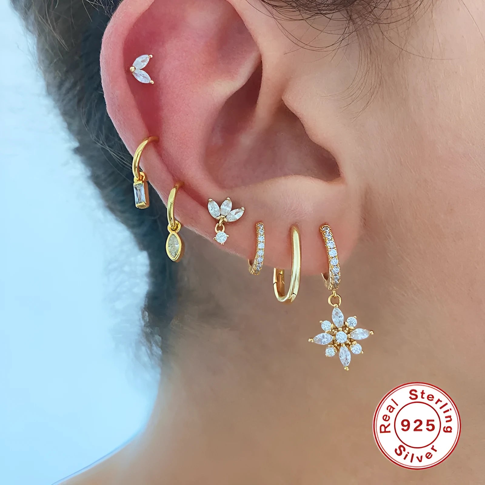 S925 sterling silver diamond snowflake pendant earrings with geometric design in yellow or white gold colour finishes