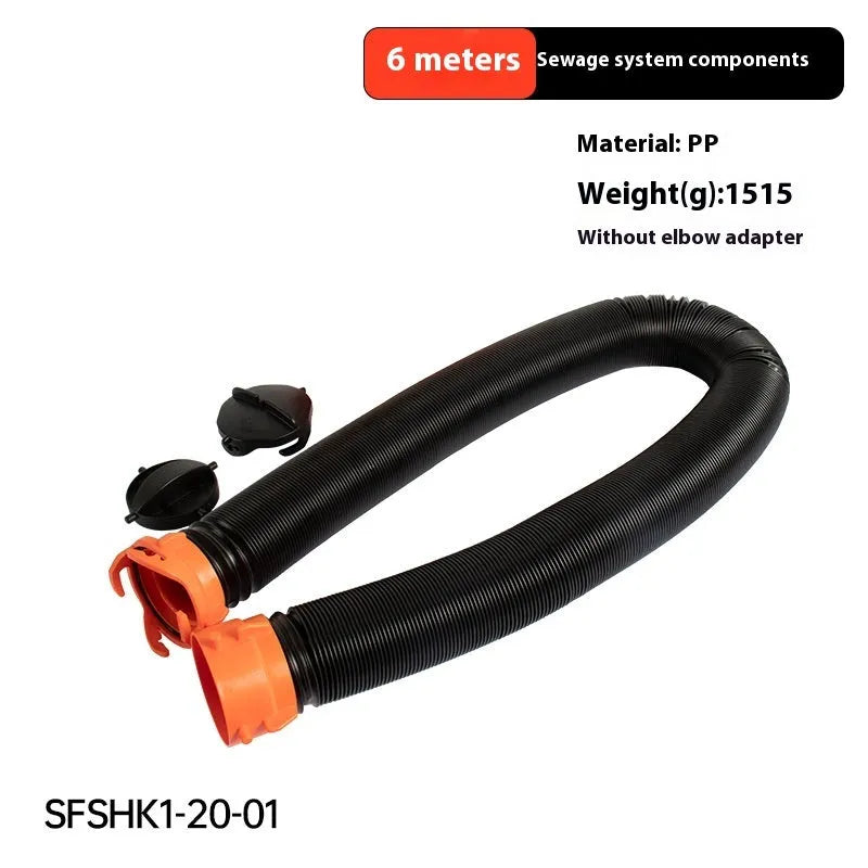 90-degree grey rotary elbow joint connector for a caravan sewage hose with extended polypropylene hose.