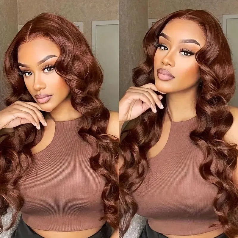 Women's dark brown front lace wig with long curly hair and side bangs, exotic style.