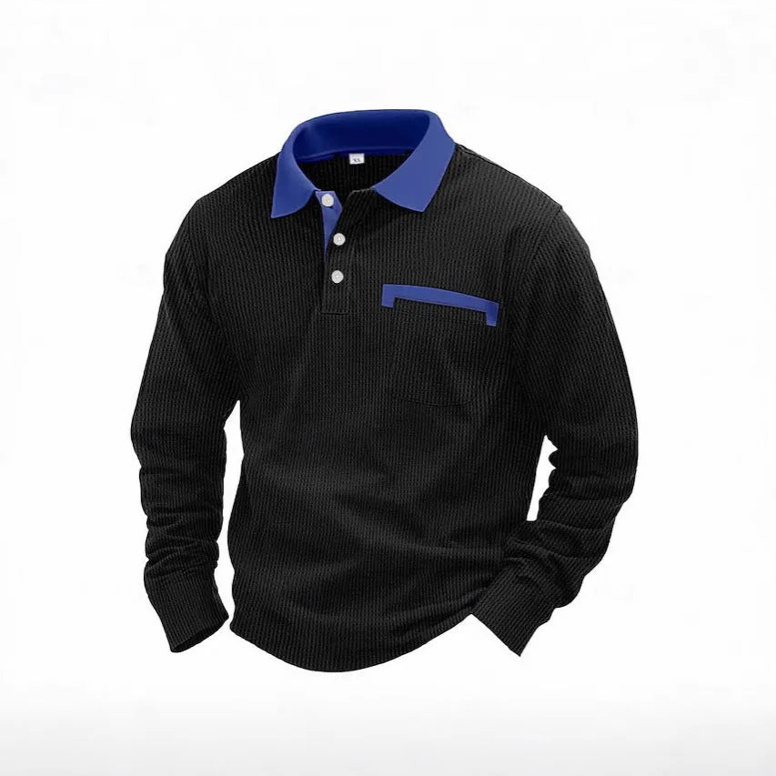 Men's waffle-textured polo shirt in wine red with asymmetric design and long sleeves.