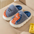 Plush cotton couple slippers in dinosaur design, available in grey, coffee and orange, showing thickened sole.
