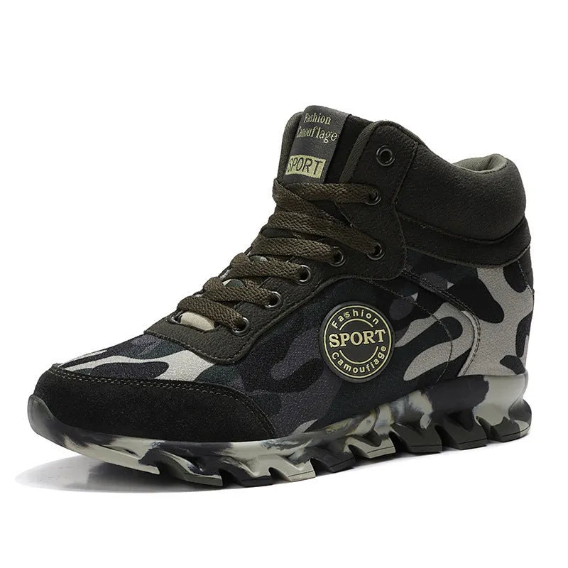 Green camouflage canvas women's sneakers with increased sole height and lace-up design