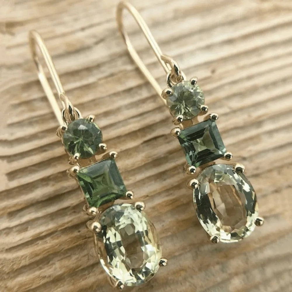 Green geometric copper earrings with quadrilateral shape and retro bohemian style