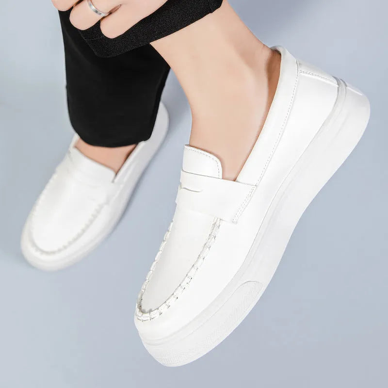 British style casual leather shoes in artificial PU, round toe, shown in white, black and white, and khaki colours.