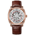 Stainless steel automatic mechanical men's watch with leather strap in blue, black, rose white, or white with black belt options