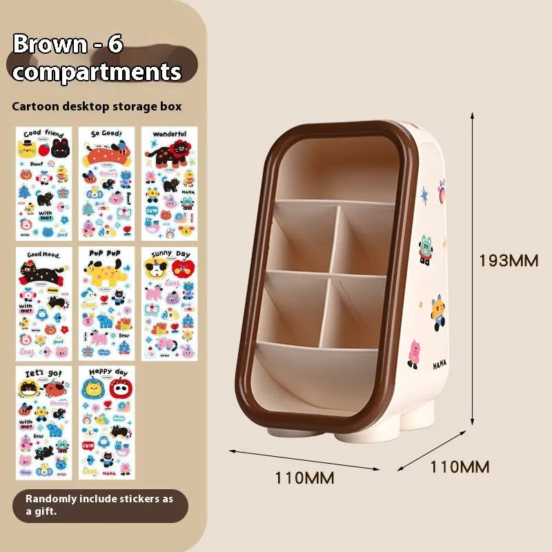 Red and brown cartoon-style plastic desktop storage organiser with grid pattern for stationery and sundries.