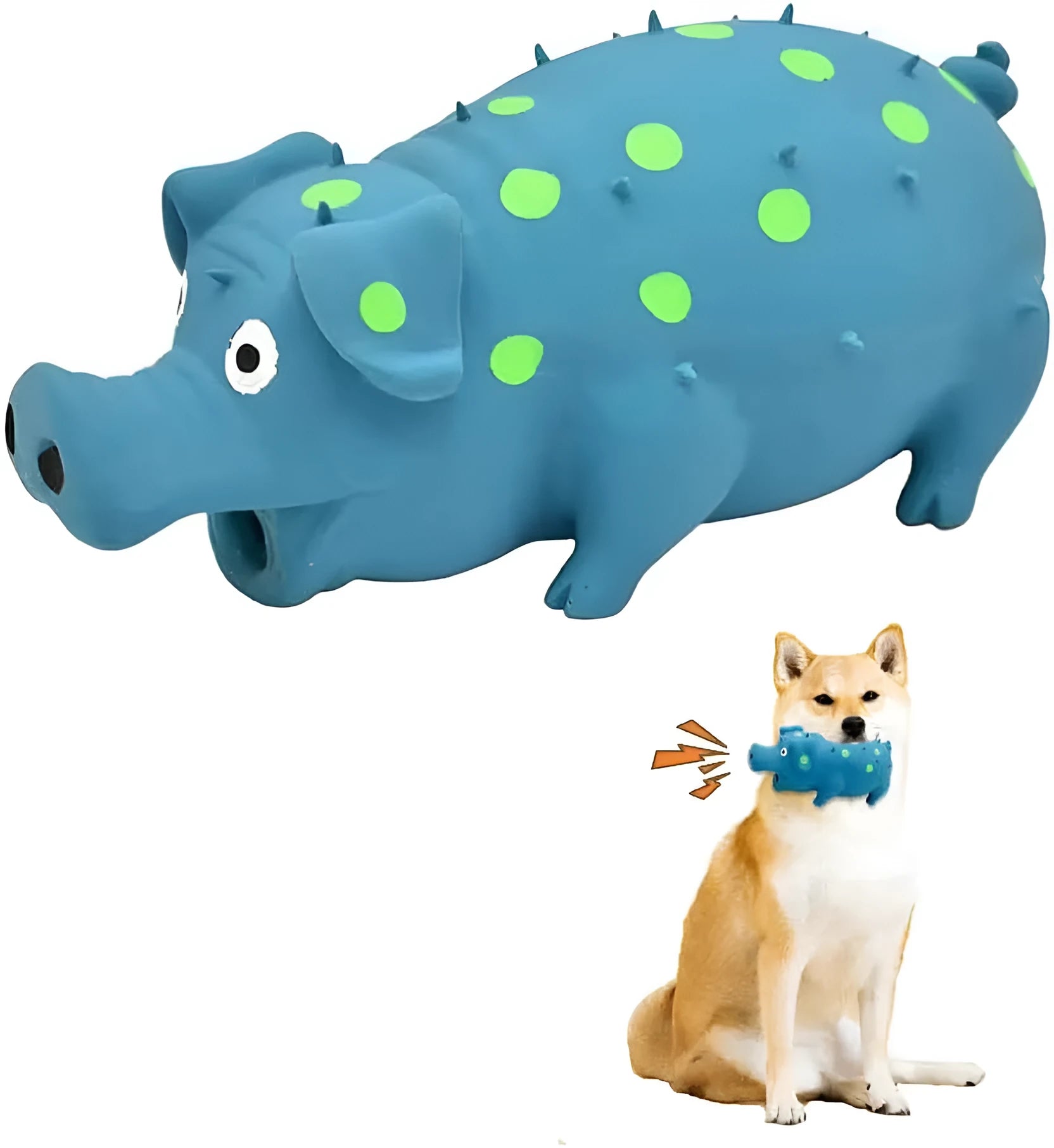 Blue latex pig-shaped dog chew toy with textured surface and squeaker