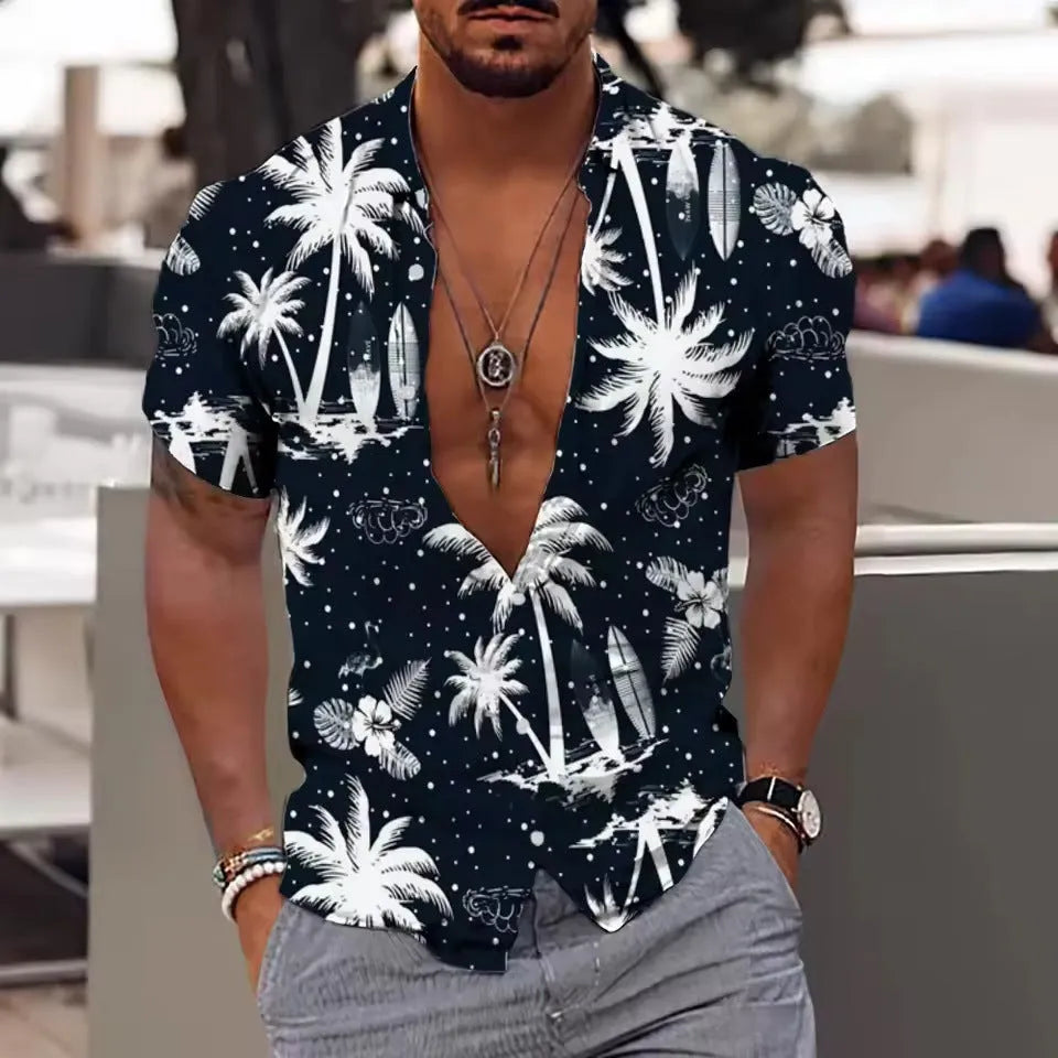 Men's loose fit floral print short sleeve shirt in polyester fabric for summer casual wear