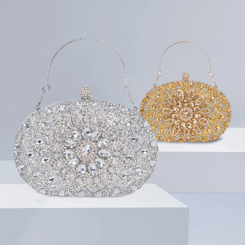 Personalized banquet women's handbag in gold with rhinestones and metal hardware, 20x15x5cm retro evening clutch