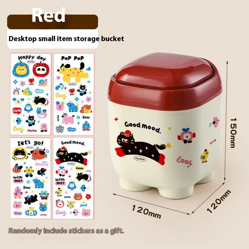 Red and brown cartoon-style plastic desktop storage organiser with grid pattern for stationery and sundries.