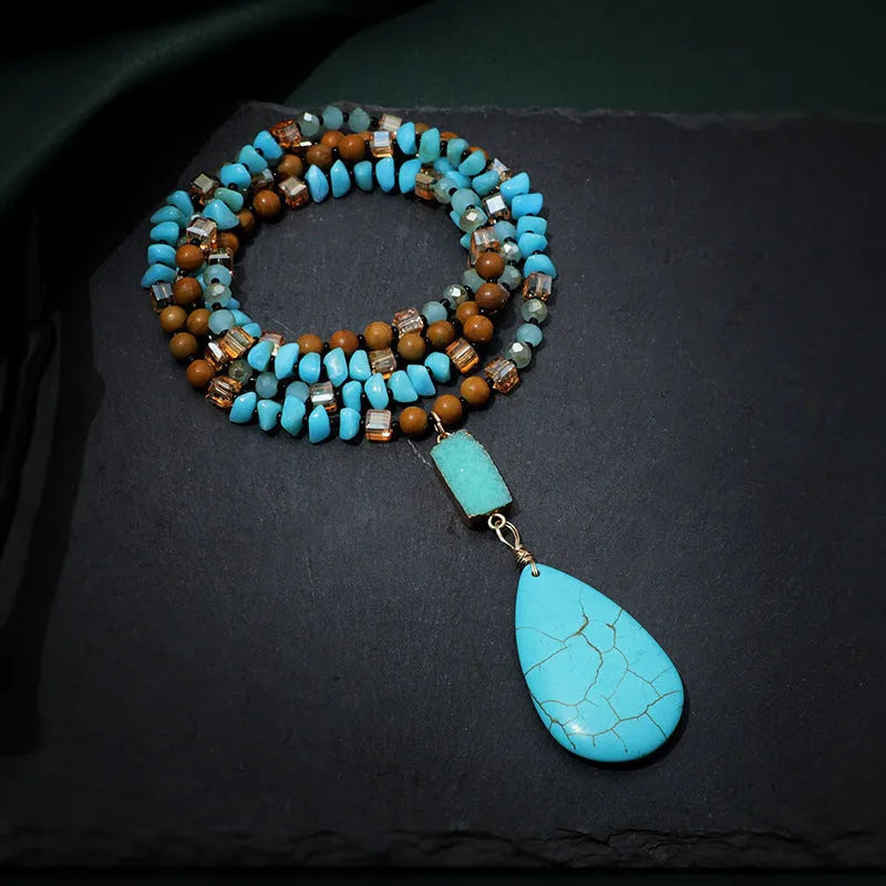 Turquoise blue imitation mineral pendant necklace with water drop shape and ball bead chain