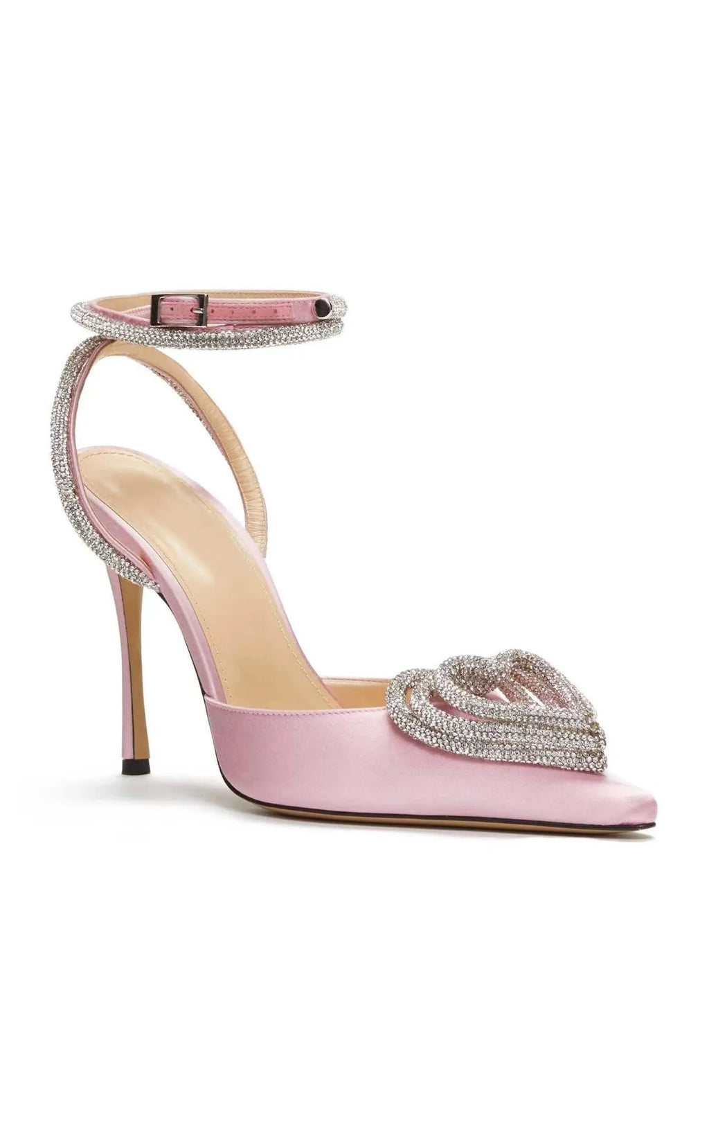 Women's satin sandals with heart-shaped rhinestone decoration and pointed toe holder in black, pink, or white