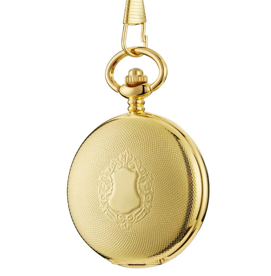 Retro floral print automatic mechanical pocket watch with transparent case back on alloy strap.