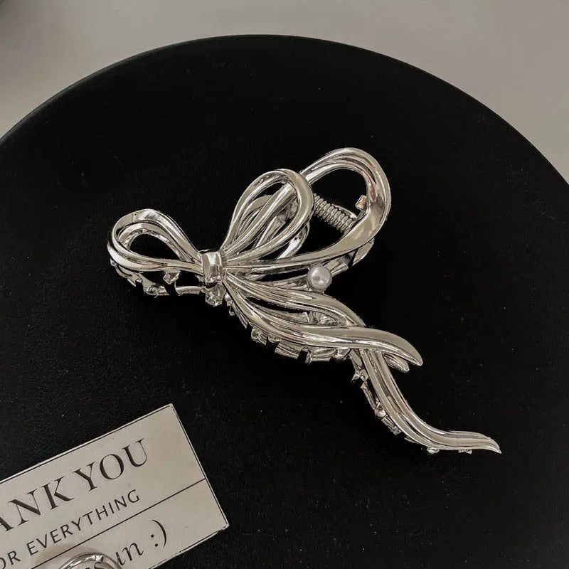 Silver metal hair barrette claw clip with electroplated finish and decorative design