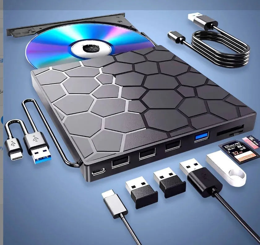 Black external USB CD/DVD drive with compact dimensions for computer optical disc reading and writing