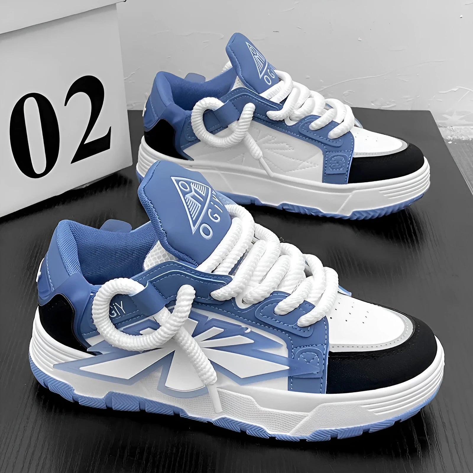 Men's white chunky sole sneakers with cartoon totem pattern and front lace-up design.
