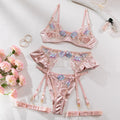 Light purple satin lingerie four-piece set with mercerized embroidery detailing, shown in both colour options