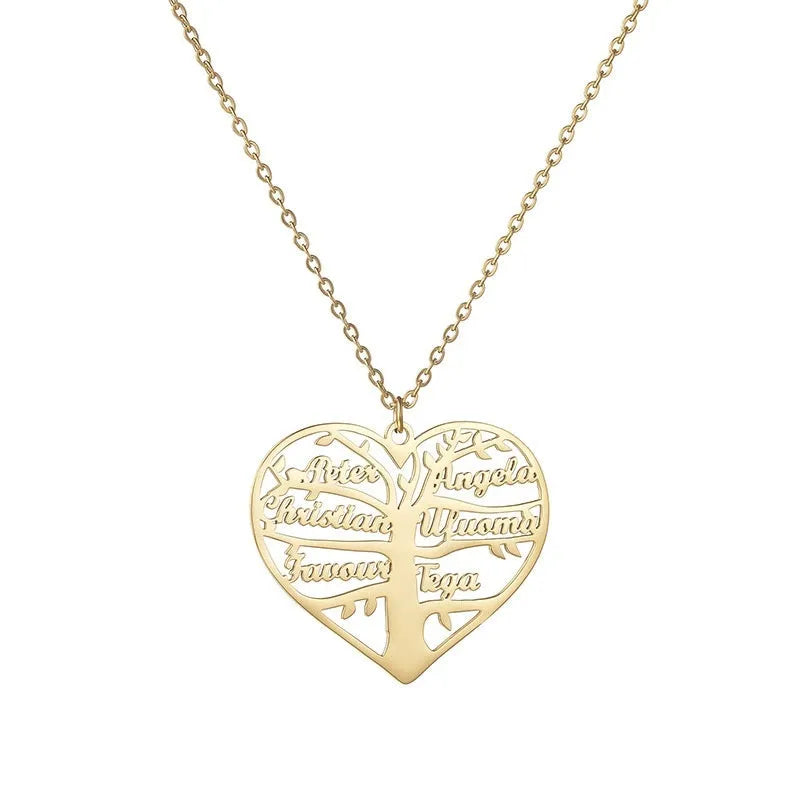 Custom stainless steel necklace with a life tree and hollow heart pendant engraved with names, shown in silver finish.