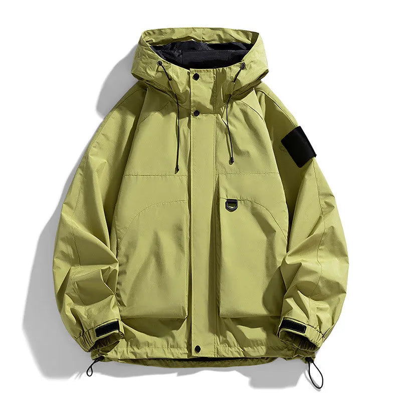 Men's black waterproof hooded jacket with long sleeves on a hanger.