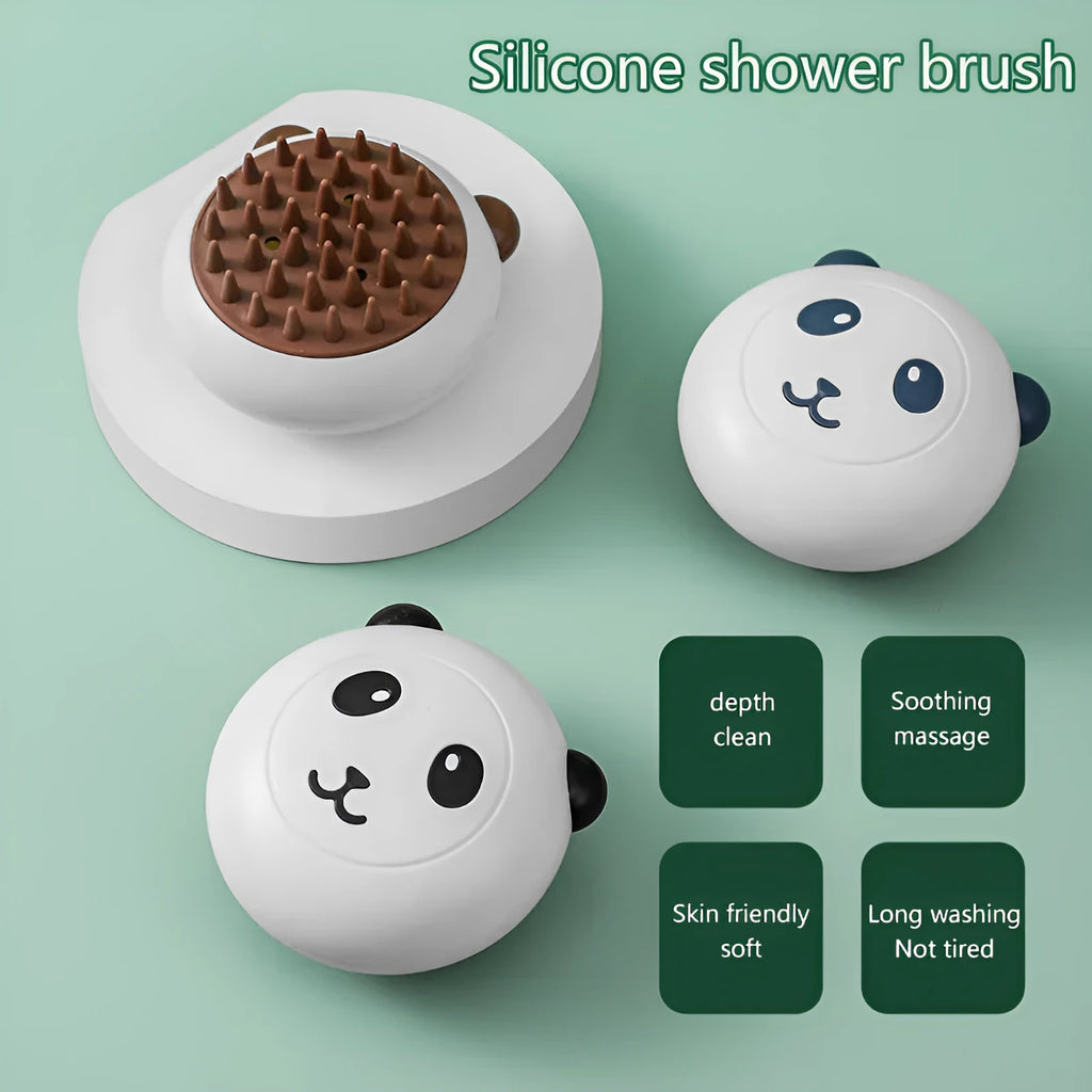 Panda silicone pet shower brush with soft bristles for cat and dog bath time cleaning