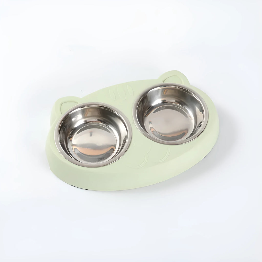 Blue macaron-shaped plastic pet feeding tray with two bowls for cat or dog food and water.