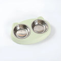 Blue macaron-shaped plastic pet feeding tray with two bowls for cat or dog food and water.