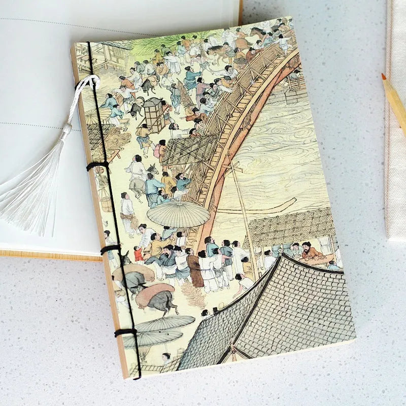 A5 antique wire-bound notebook with retro painting design on white cowhide cover