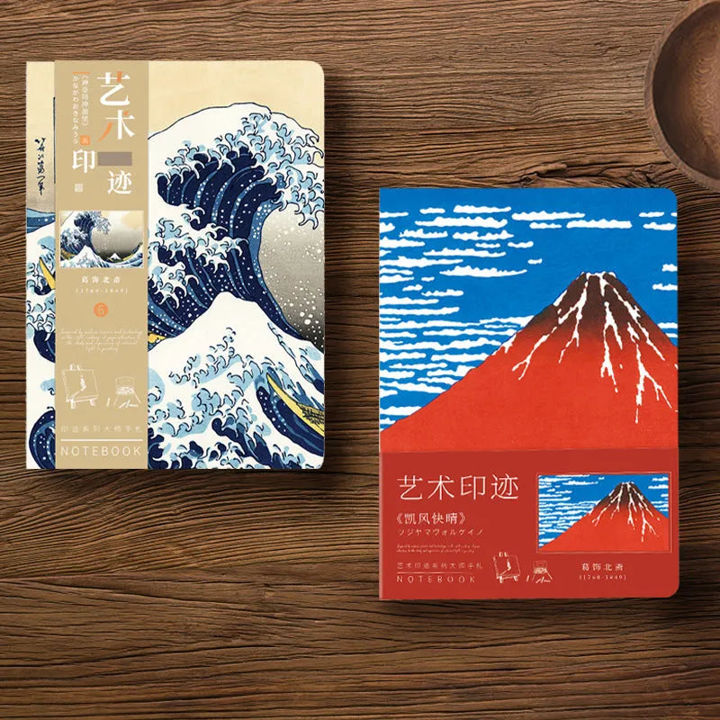 A5 retro hand ledger notebook with Ukiyo-e artwork cover, open on a desk showing Daolin paper pages.