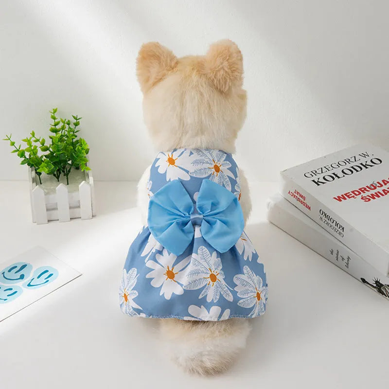 Summer pet dress with floral butterfly knot design in multiple bow colours for dogs and cats