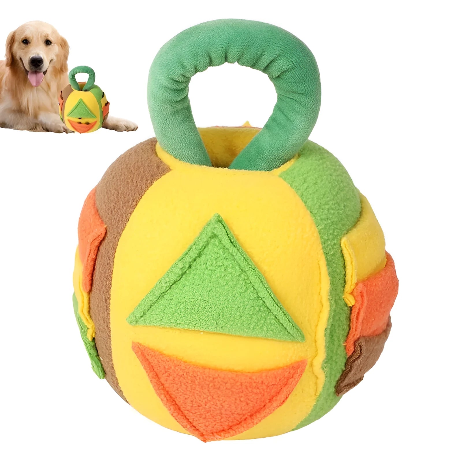Polyester plush squeaky dog ball toy with treat pockets in pink or green colour for small medium dogs