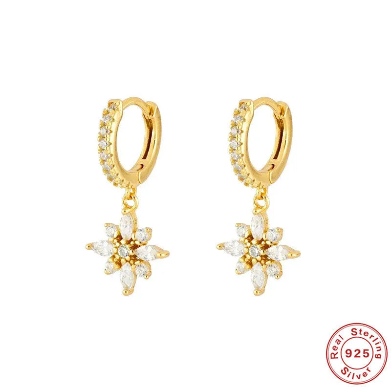 S925 sterling silver diamond snowflake pendant earrings with geometric design in yellow or white gold colour finishes