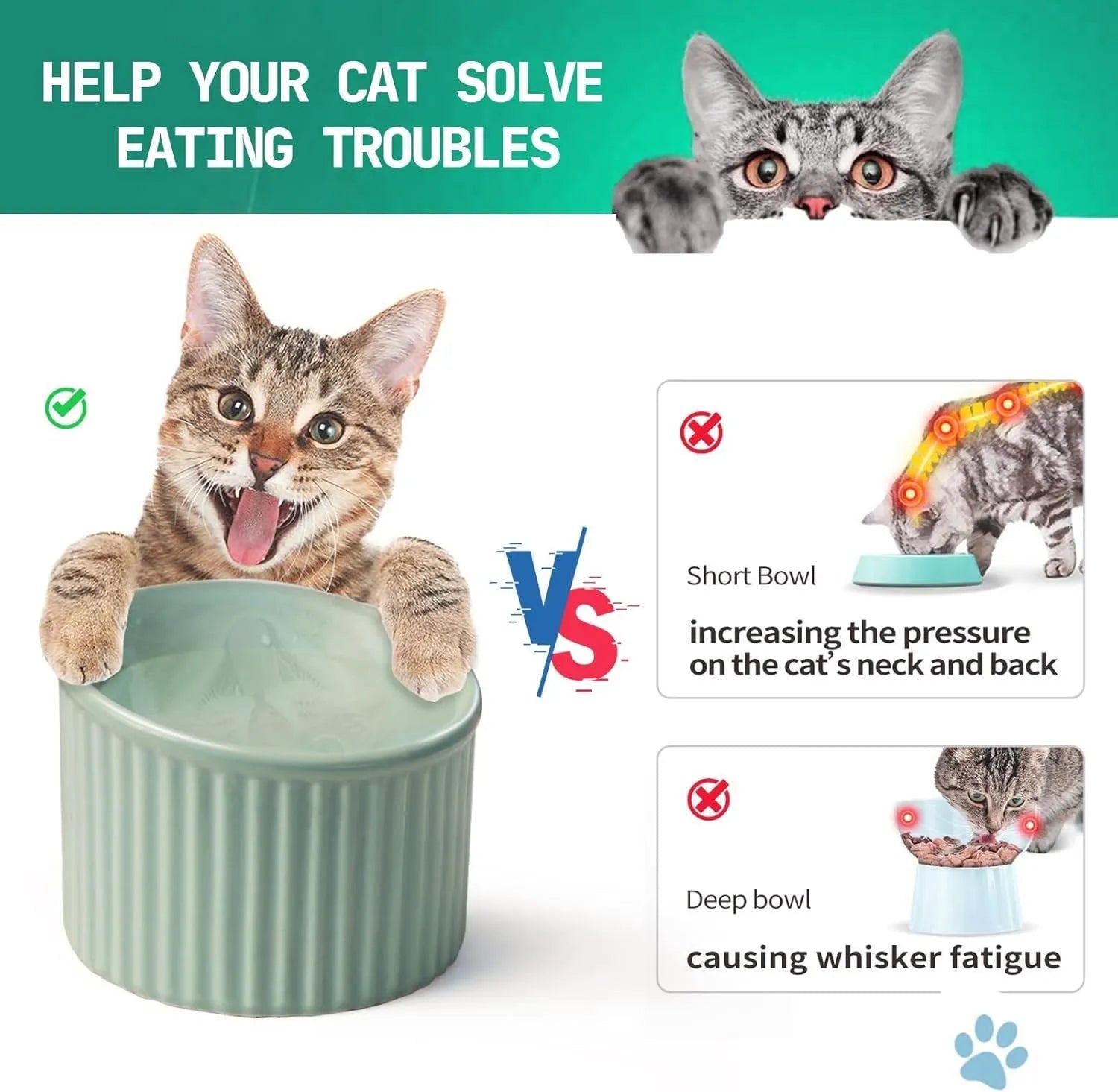 Ceramic elevated cat bowl in green, showing tilted round dish on a raised stand.