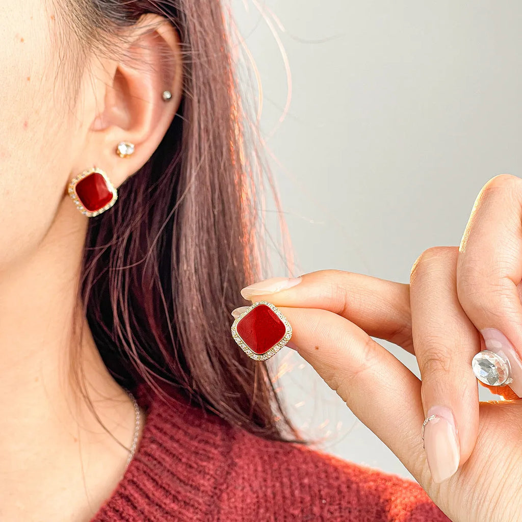Red alloy square geometric plate earrings with inlaid design for women