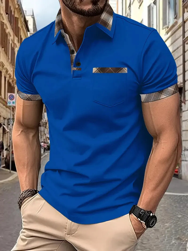 Men's plaid colourblock t-shirt with zipper detail in loose fit for summer wear