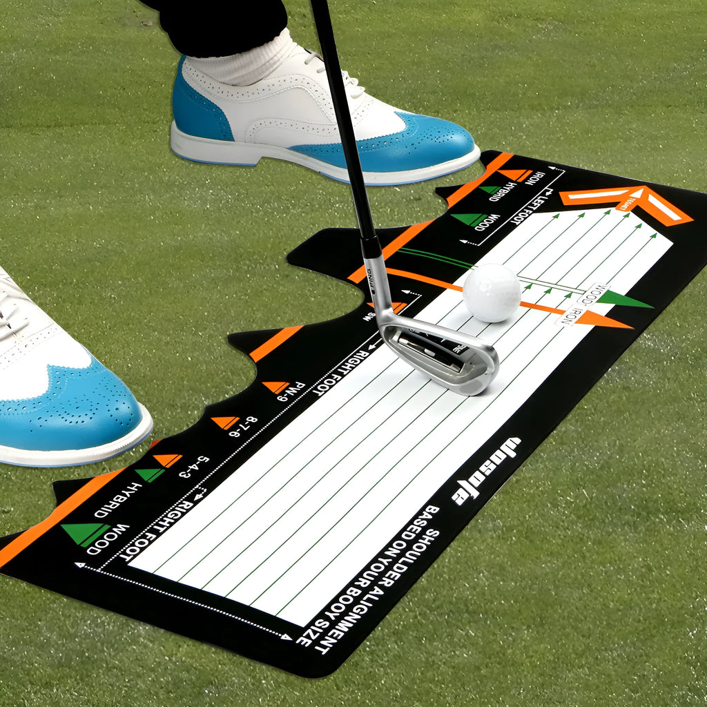 Black neoprene golf swing positioning pad for stance correction and alignment training