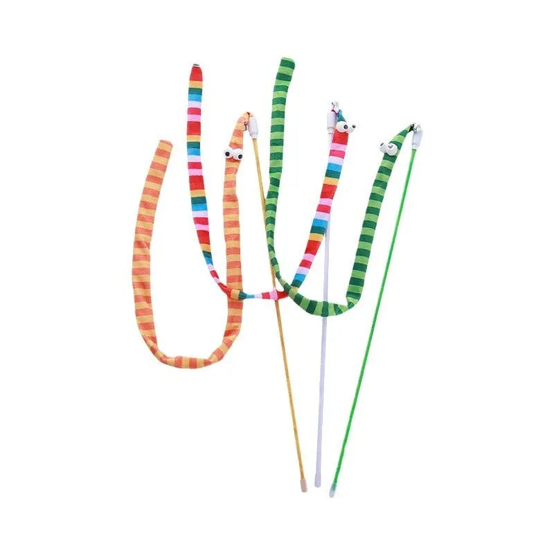 Colourful cat teaser wand toy with a long plush strip and bell on a polycarbonate handle.