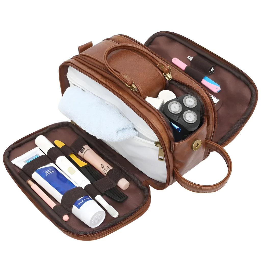 Men's black PU leather toiletry bag for travel cosmetic storage.