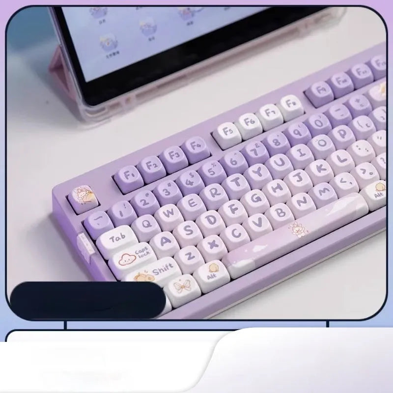Set of purple gradient mechanical keyboard keycaps with a rabbit design on PBT plastic.