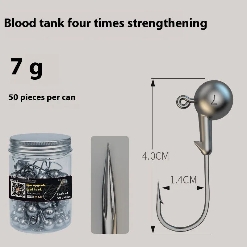 Set of 50 steel jig hooks with four-times strengthened construction and primary colour finish