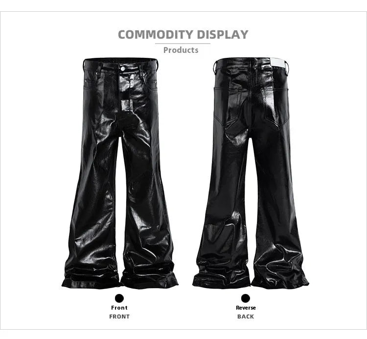 Black shiny patent leather skinny jeans with straight-leg cut and mid-rise waist