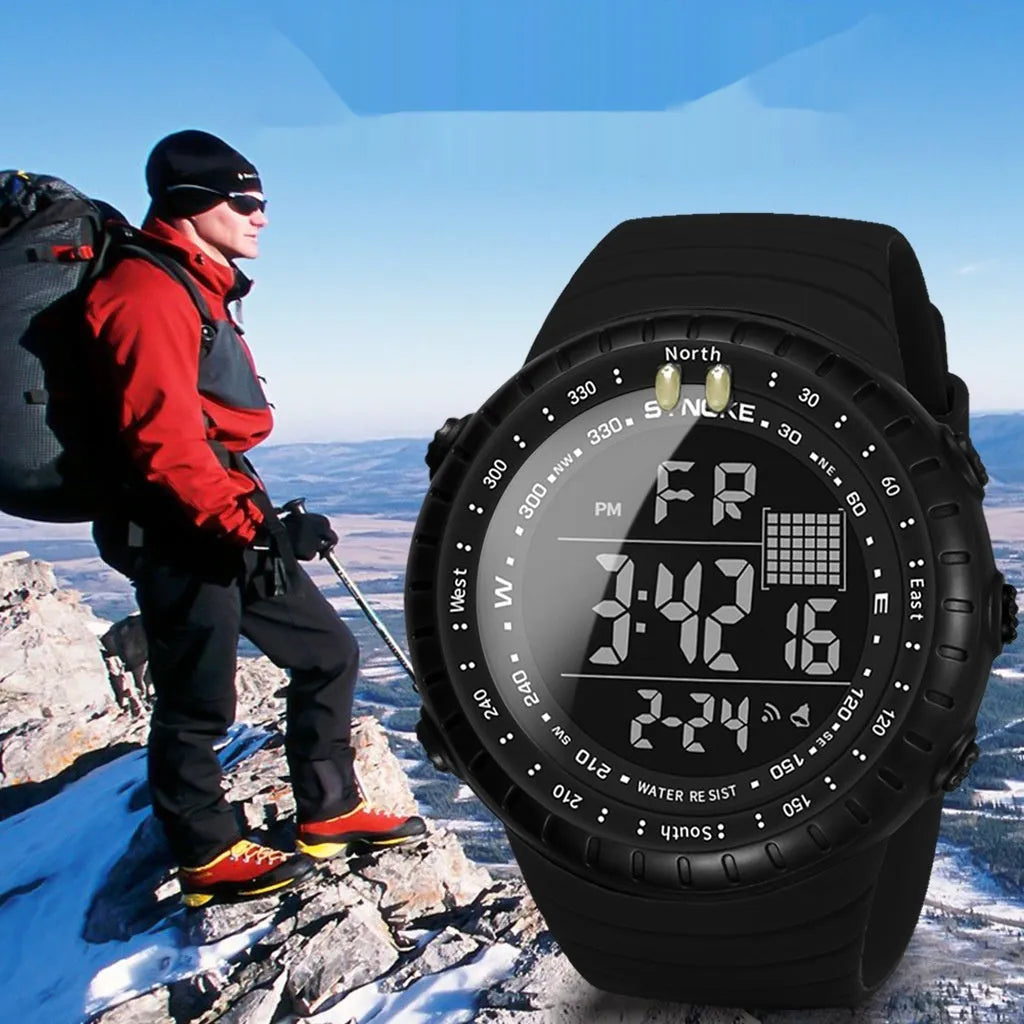 Black men's waterproof digital outdoor watch with large dial and adjustable PU strap