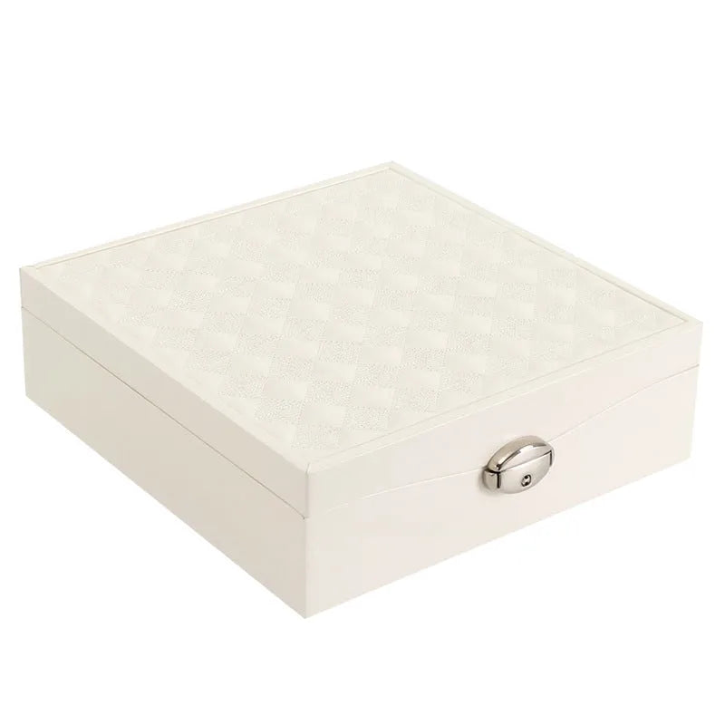 Red or white PU leather jewellery storage box with compartments for necklaces and rings