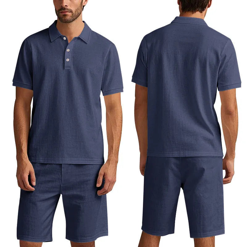 Men's loose-fit linen blend shorts suit in light blue for summer, showing short-sleeve shirt and matching shorts.