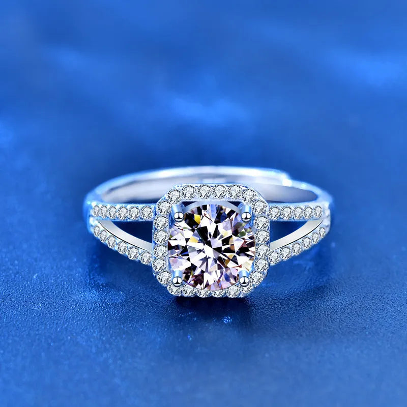 925 silver ring with 1 carat moissanite stone double row square bag design
