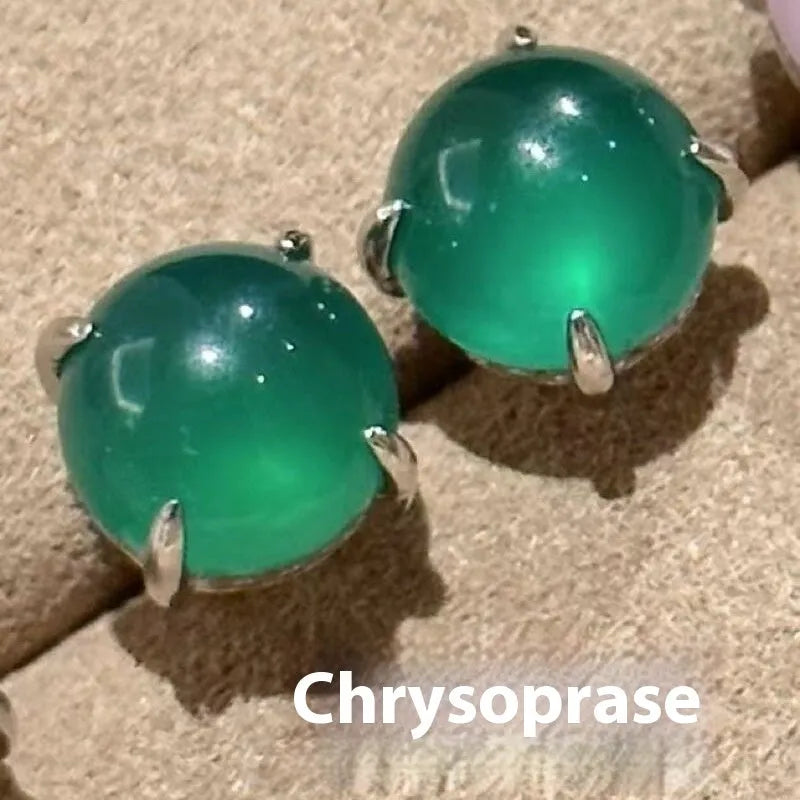Chinese style chalcedony stud earrings with round egg surface stones in copper four-claw settings