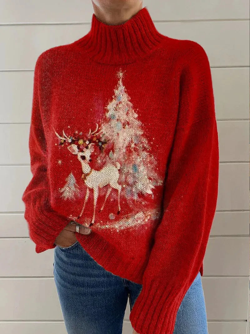 Women's loose-fit Christmas printed turtleneck sweater in polyester with turtleneck collar and long sleeves